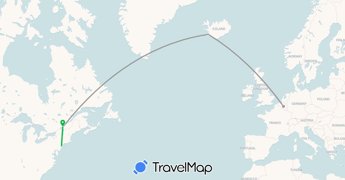 TravelMap itinerary: driving, bus, plane in Belgium, Canada, Iceland, United States (Europe, North America)