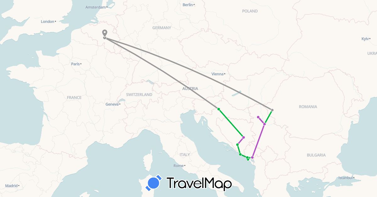 TravelMap itinerary: driving, bus, plane, train in Bosnia and Herzegovina, Belgium, Croatia, Montenegro, Romania, Serbia (Europe)